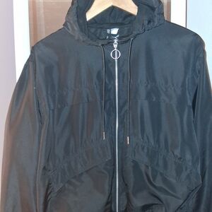 Unisex Black Hooded Zip Windbreaker Jacket